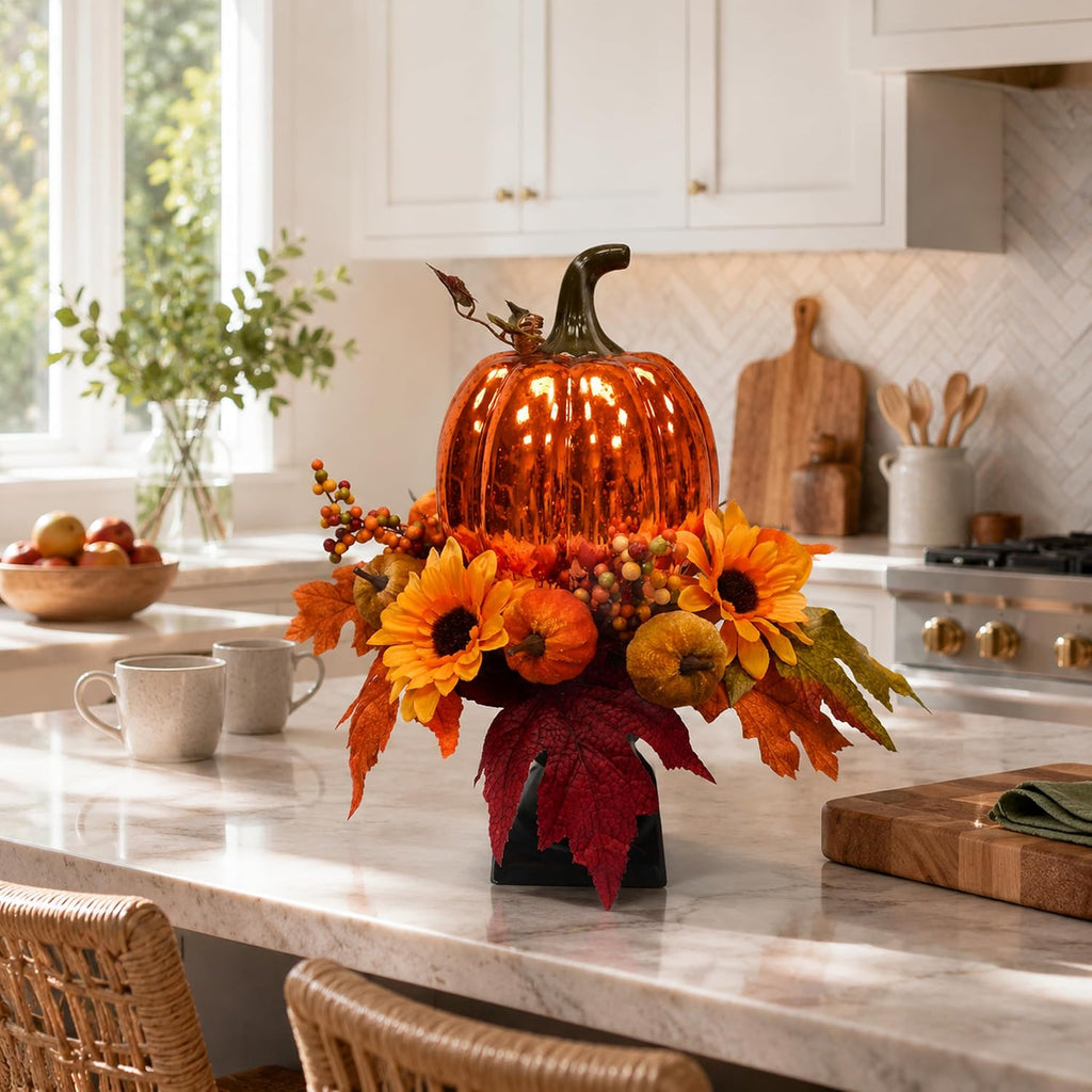 15 Inch Lighted Fall Pumpkin Arrangement with Pumpkin, Daisies | 15 LEDs with Mercury Glass-Style Pumpkin, Mini