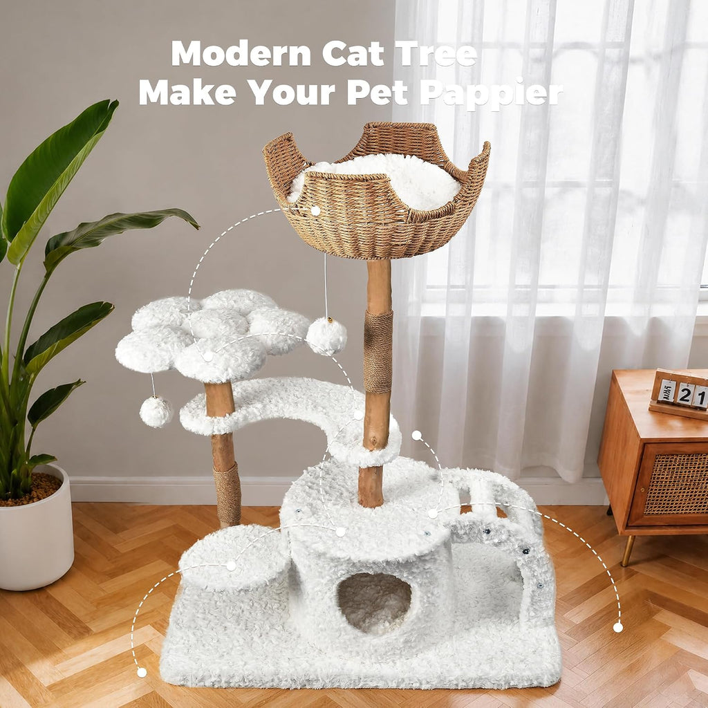 Modern Cat Tree, 45.6" Aesthetic Wood Cat Tree Tower for Large Cats, Luxury Cat Condo with Scratching Posts