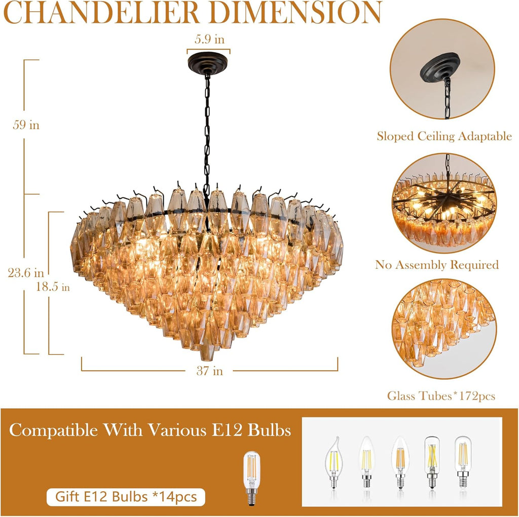 Modern Round Chandelier, 37" Extra Large Black Chandeliers for Dining Room, 14-Light with Tiered Smoke Glass Tubes Ceiling Light, Pendant Lighting Fixture for Living Room Bedroom Kitchen Island A118-B0DQLDT5XZ