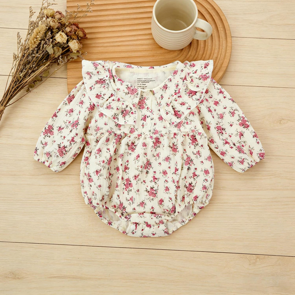 Baby Girl Floral Romper Ruffle Peter Pan Collar Bubble Sleeve Bodysuit Cotton Jumpsuit One Piece Cute Baby