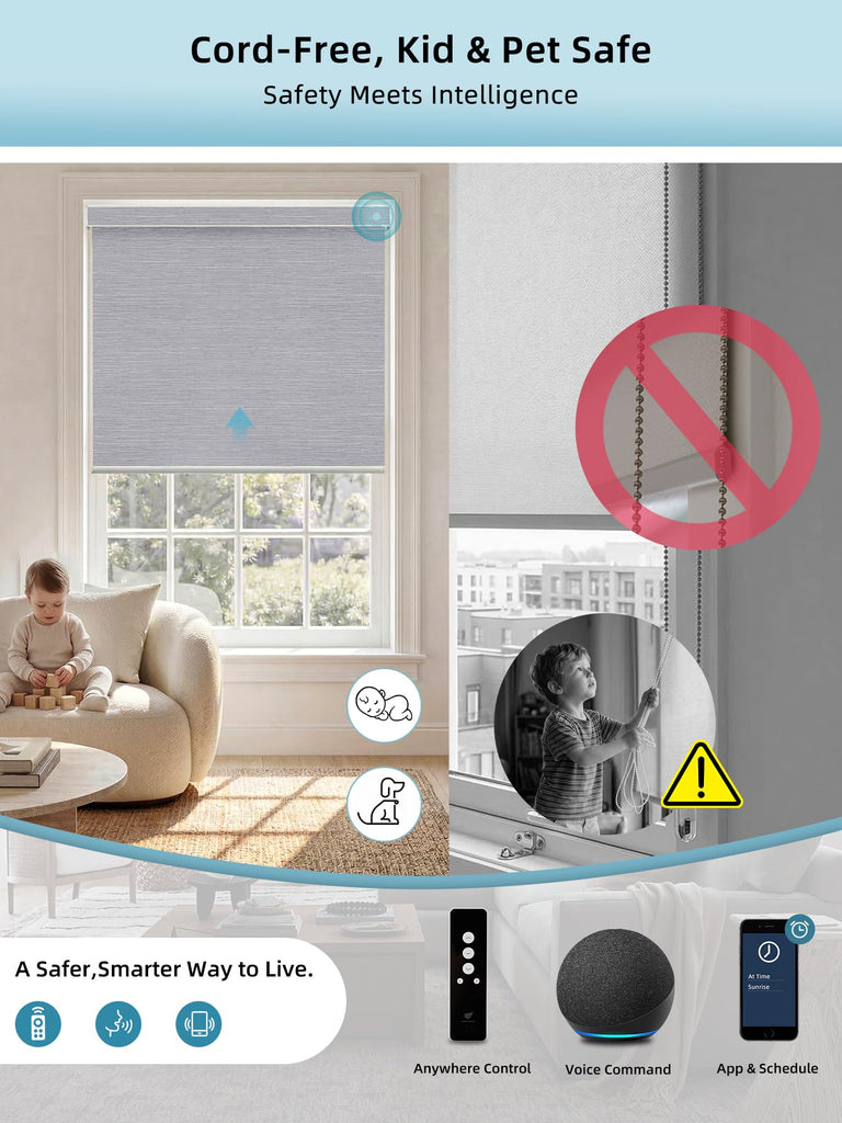 Motorized Smart Roller Shades, 100% Blackout Essential Grey