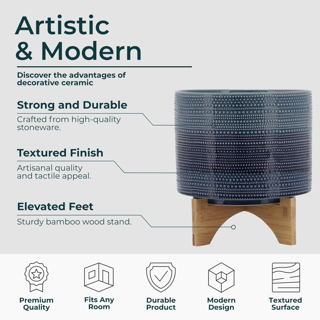 Dotted Decorative Planter Pot with Wood Stand - Ceramic Stoneware Outdoor & Indoor Plant Pot with Drainage Holes