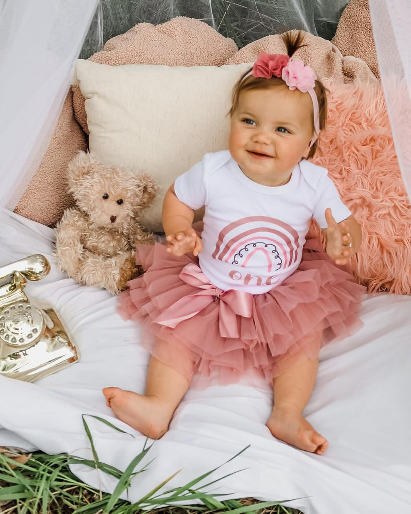 1st First Birthday Baby Girl Tutu Outfit - Onederful - Rainbow Rose Boho Chic - Long & Short Sleeve