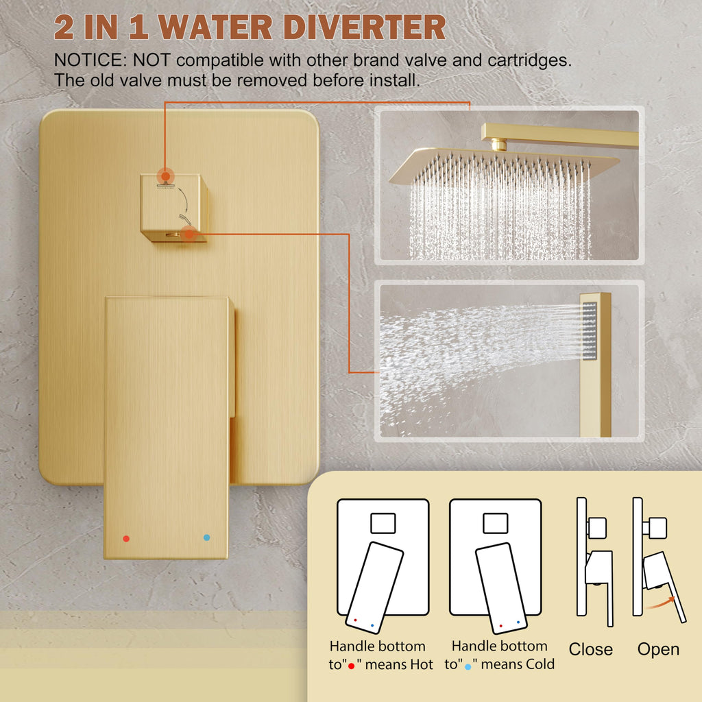 12" Rain Shower System with Handheld & Valve, Brushed Gold