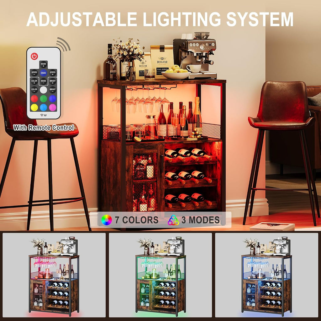 Wine Bar Cabinet with LED Lights, Liquor Cabinet with Storage | 3-Tier Coffee Bar Cabinet with Wine Rack, Glass