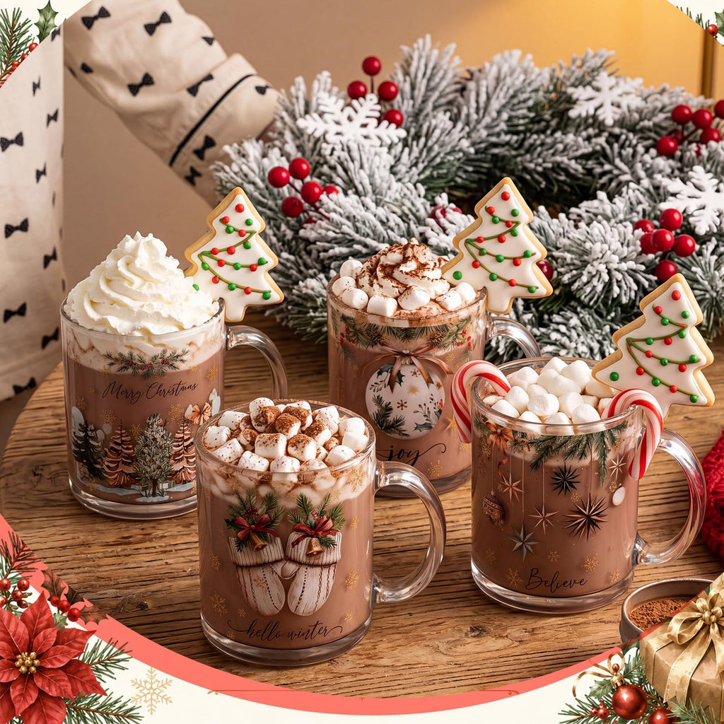 4 Pcs Christmas Glass Coffee Mugs 12 oz Clear Holiday Cups