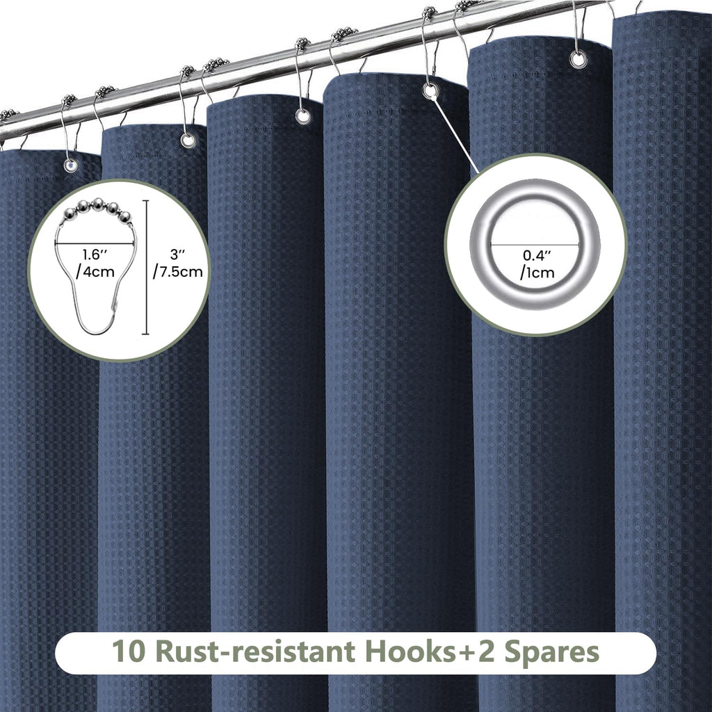 Fabric Shower Curtain, Waffle Weave 230 GSM Polyester, Weighted Hem, Metal Hooks Included, Water Repellent Washable