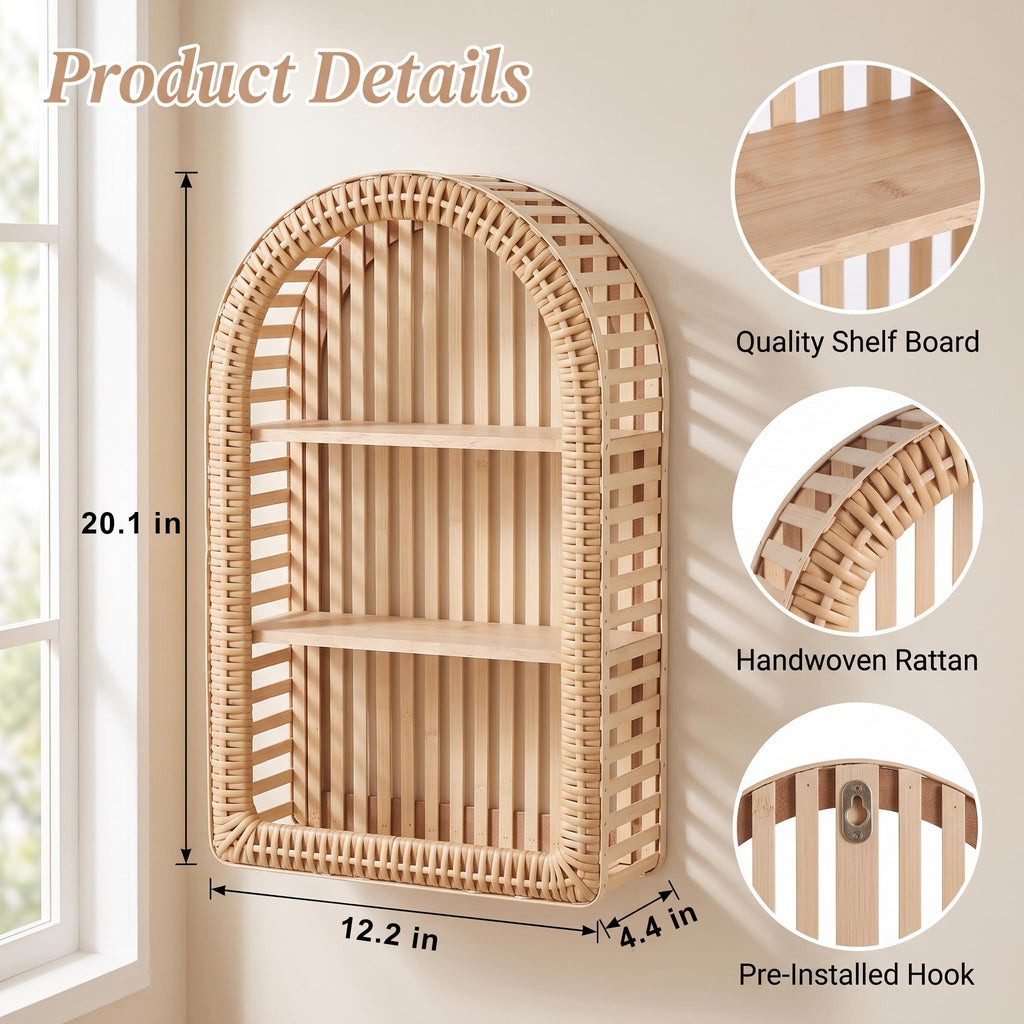 Rattan Wall Shelf - 3 Tier Boho Arched Wicker Hanging Shelves