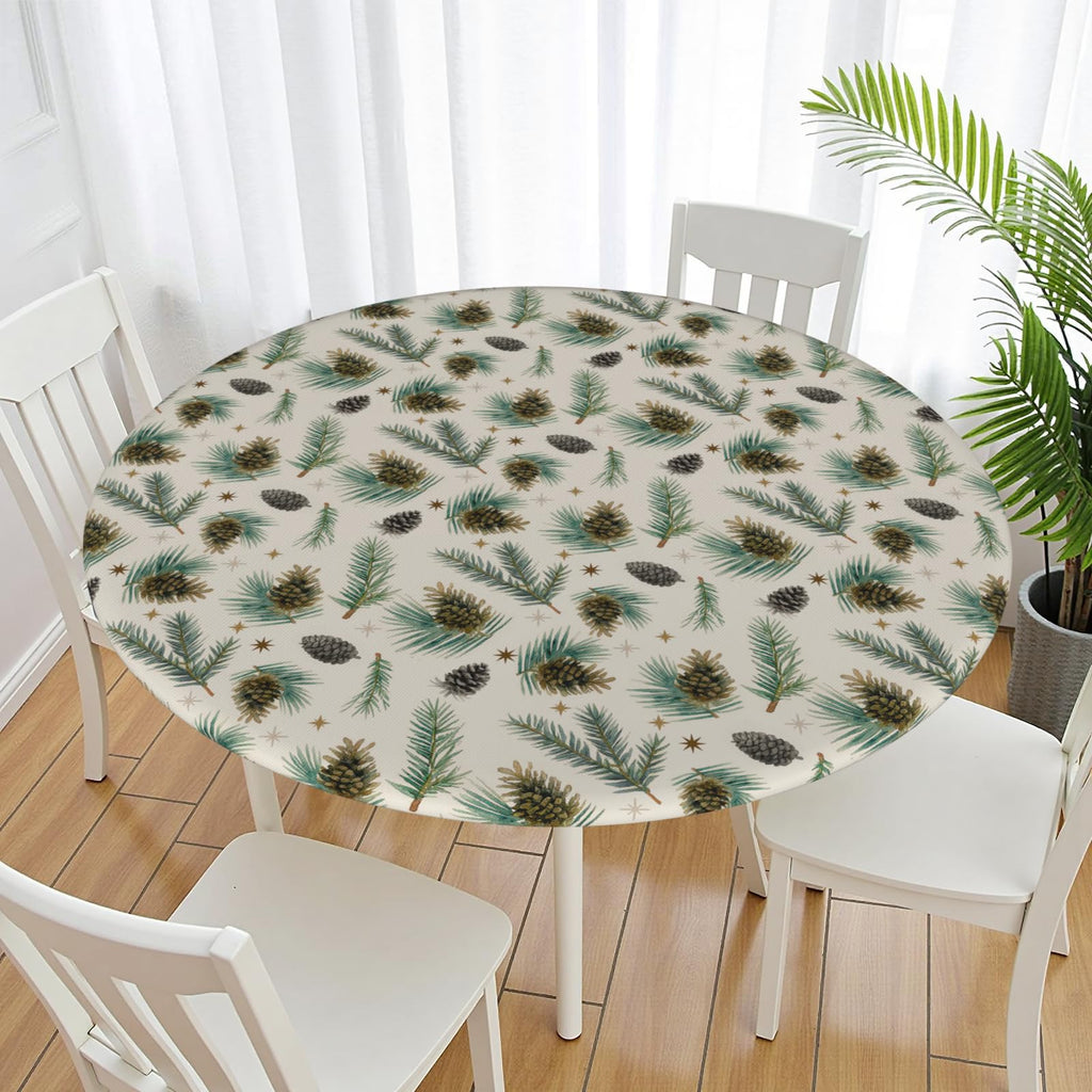 Christmas Round Fitted Tablecloth Best for 44"-48" Xmas Holly Pinecone Table Cloth Elastic Edge Waterproof Stain