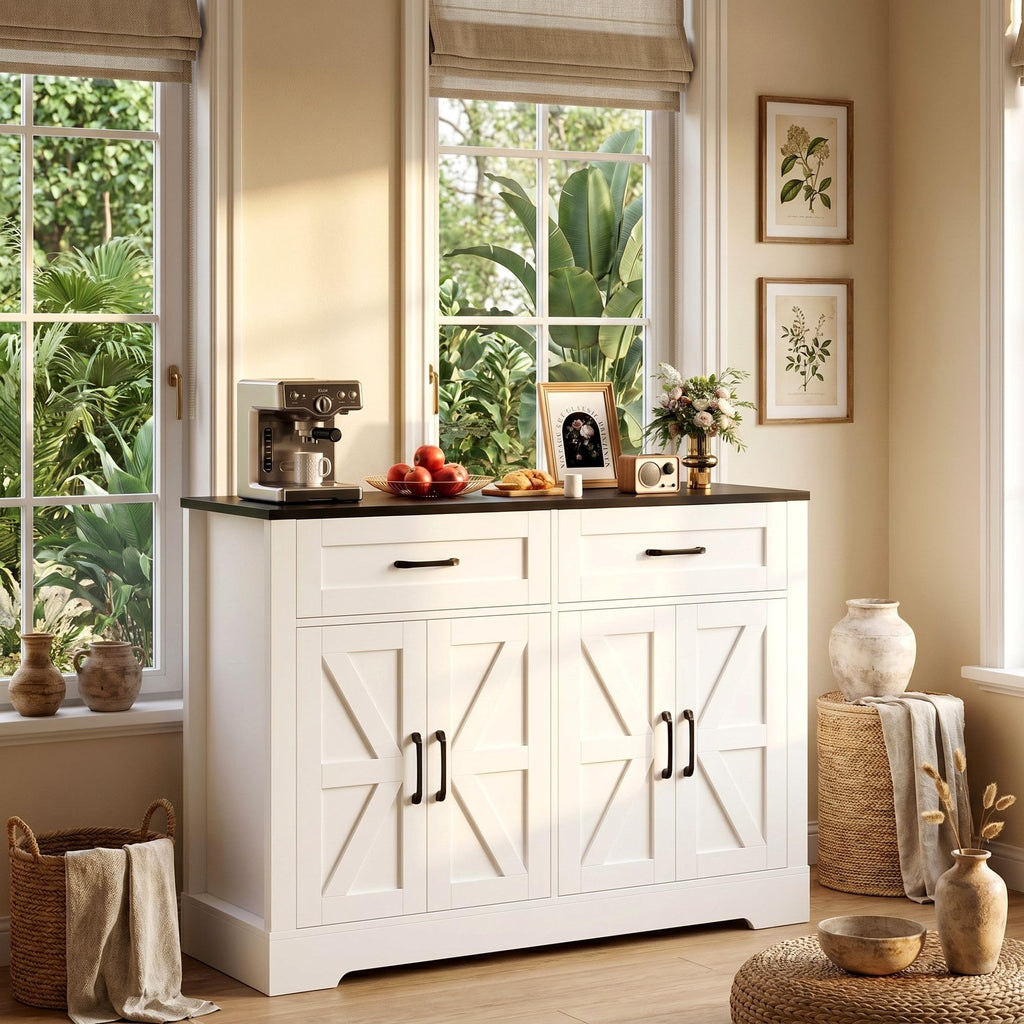 Farmhouse Sideboard Buffet Cabinet with Storage, 47.2"Kitchen Storage Cabinet with Drawers, Coffee Bar with Barn