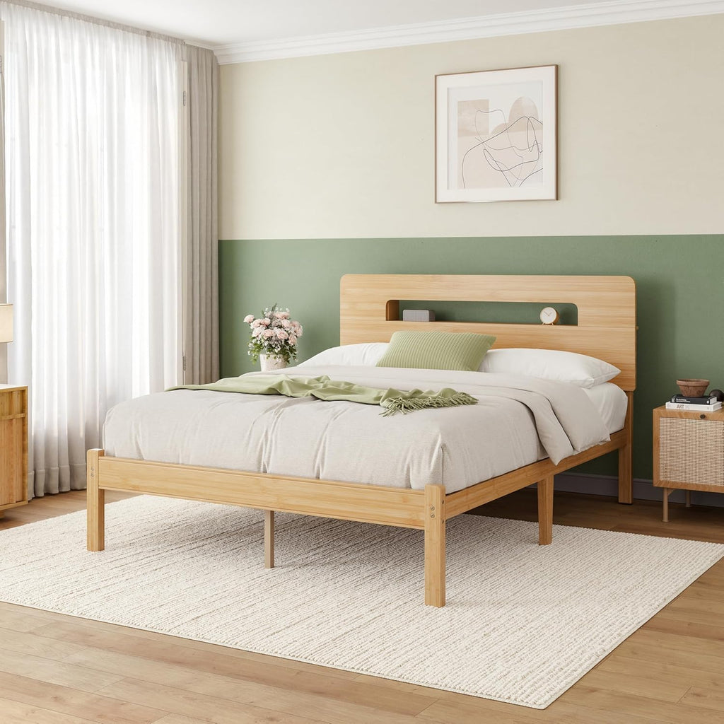 Solid Bamboo Wood Queen Bed Frame with Storage Headboard, 14 inch Platform Bed Frame Queen No Box Spring Needed with