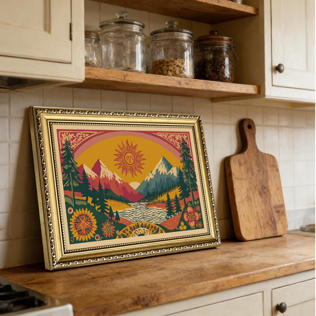 Gold Framed Boho Canvas Wall Art, Abstract Mountain Sun Print, 16x24in