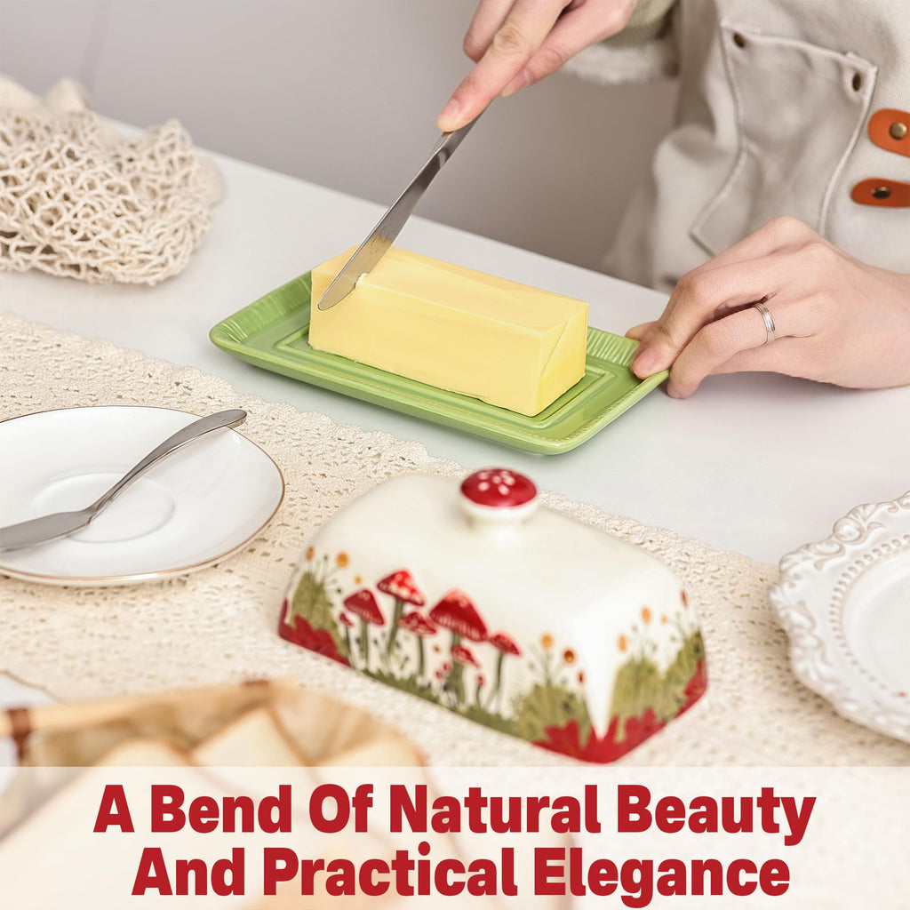 Ceramic Butter Dish with Lids - Mushroom Butter Containers, White