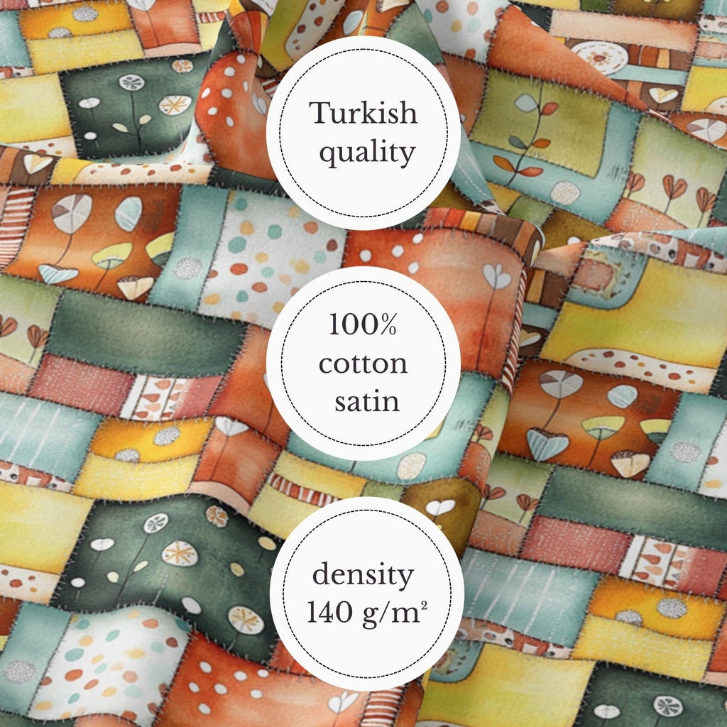 Patchwork Cotton Fabric Panel 61 x 36.6 Inches, Scandinavian Heart Pattern Quilt Style, Multicolor Rustic Design