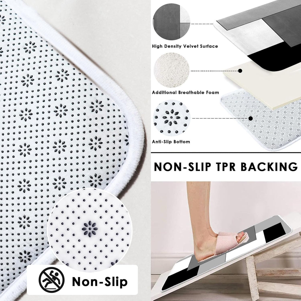 Grey Geometric Shower Curtain Set with Toilet Lid Cover and Non-Slip Rugs , Black White Checkered 4 Pcs Shower