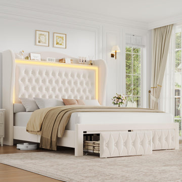 Queen Bed Frame 55" Tall Headboard with LED Lights, Buttons Tufted Velvet Upholstered Platform Bed Frame with 2