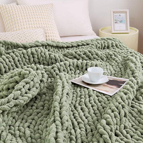 Chunky Knit Blanket Throw, 100% Hand Knit Chenille Throw Blanket, Soft and Cozy Knitted Throw Blankets (Sage
