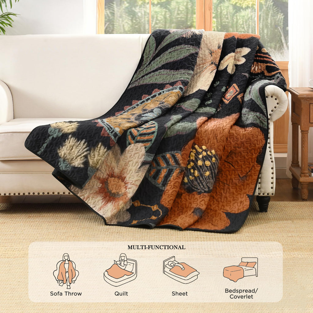 Quilt Queen Size, Black Floral Boho Summer Bedspread 3 Pieces