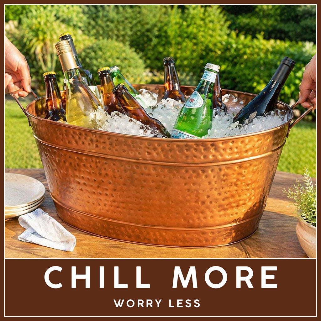 Large Oval Copper Plated Metal Tub Farmhouse Decor Beverage Cooler for Drinks Multipurpose Planter Bucket With