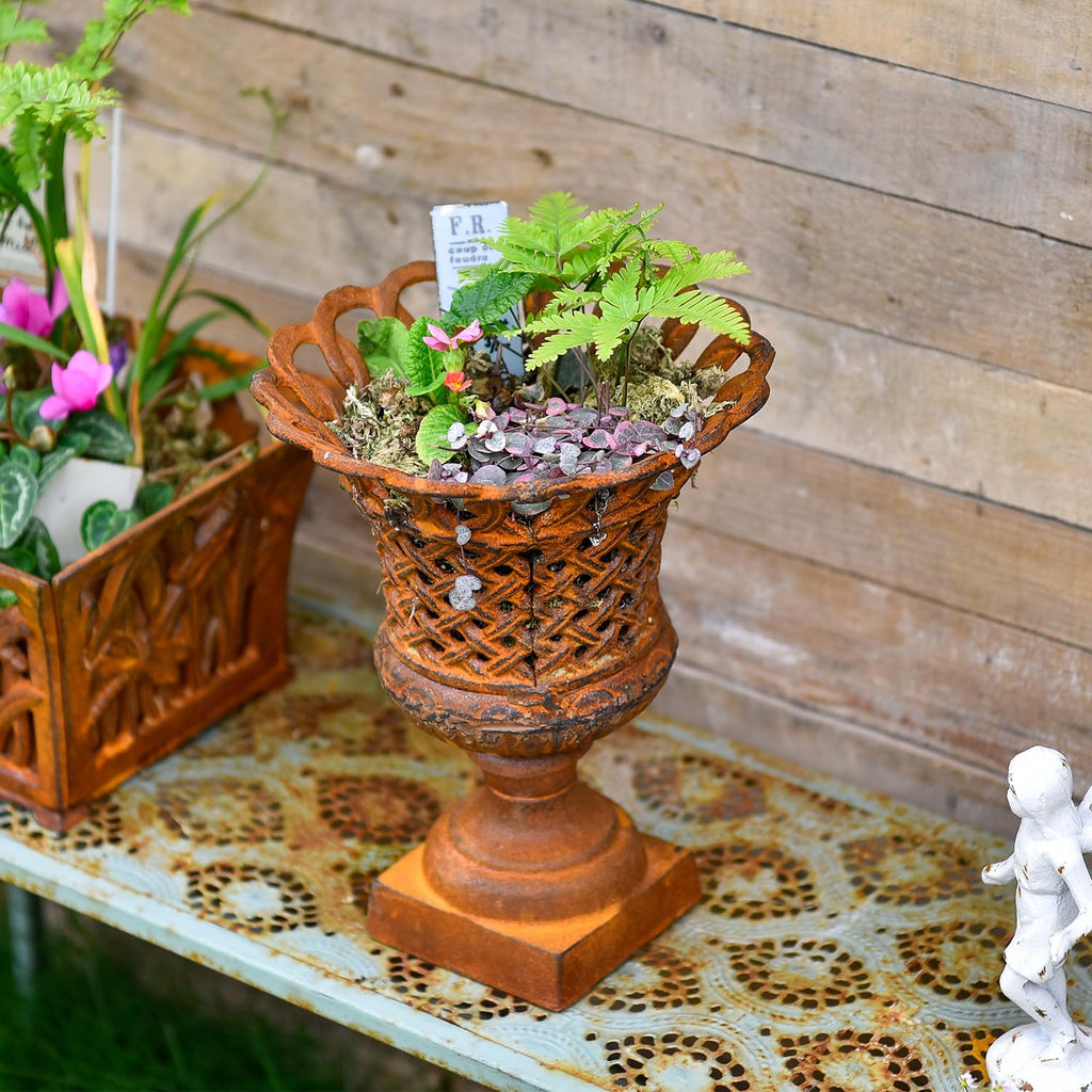 Cast Iron Rust Urn Planter - 10 Inches Hollow Trophy-Shaped Design