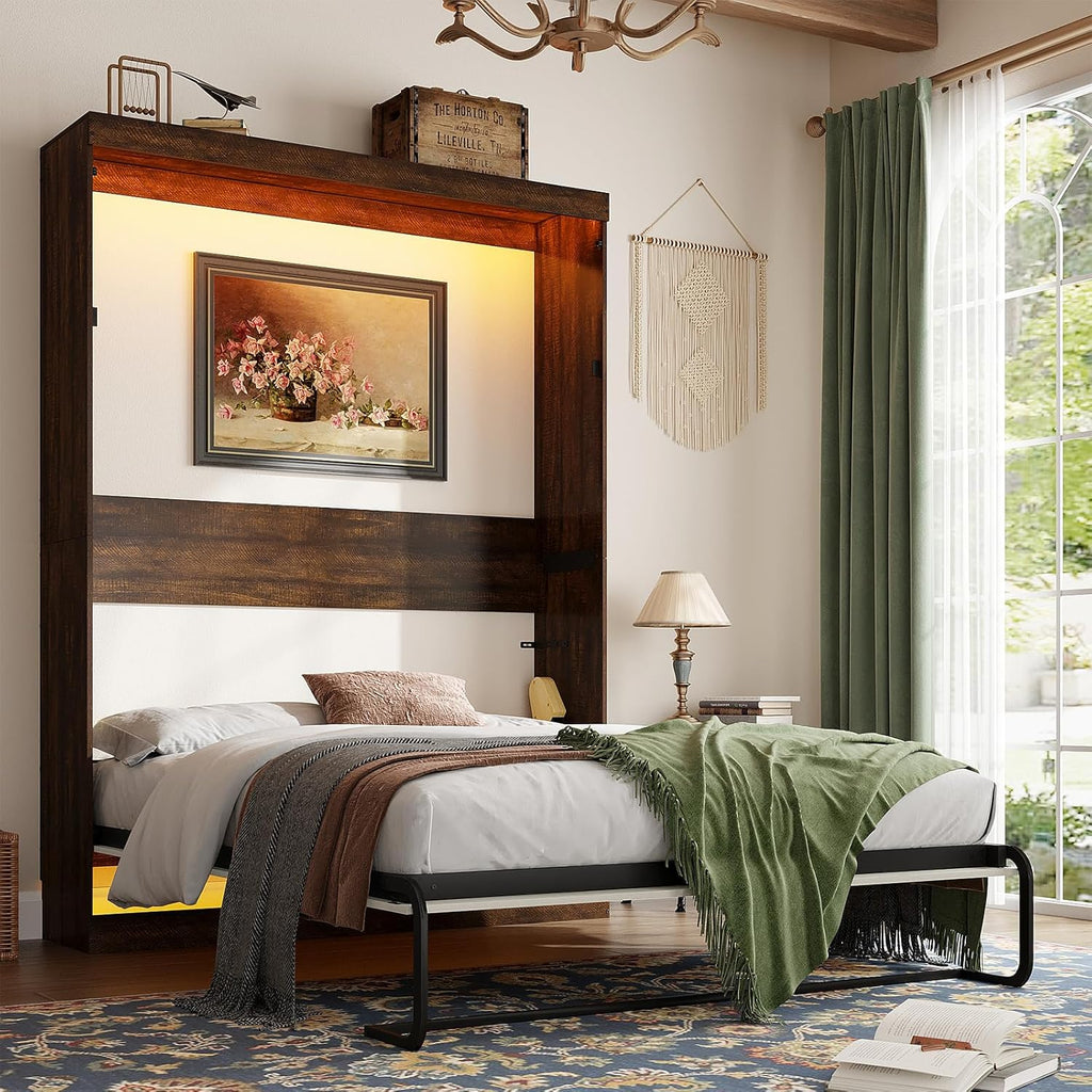 Full Murphy Bed with 2 LED Lights, Farmhouse Wood Hidden Foldable Wall Bed Frame w/Gas Struts, Storage Bed Cabinet