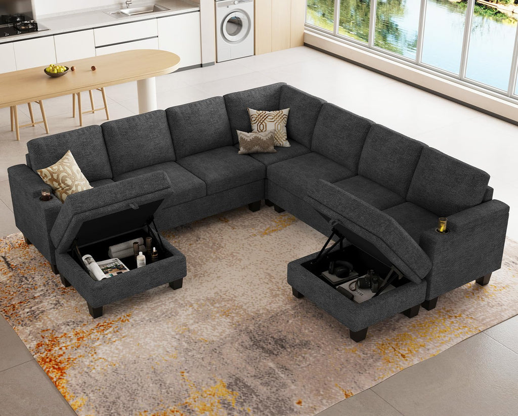 Chenille Modular Sectional Sofa, 7 Seater U Shape Couch, Dark Grey
