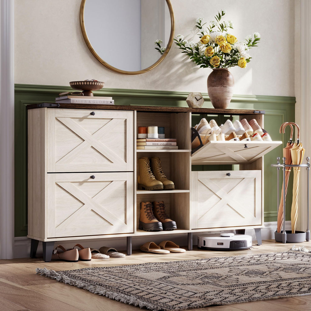 63" Farmhouse Shoe Storage Cabinet Washed White