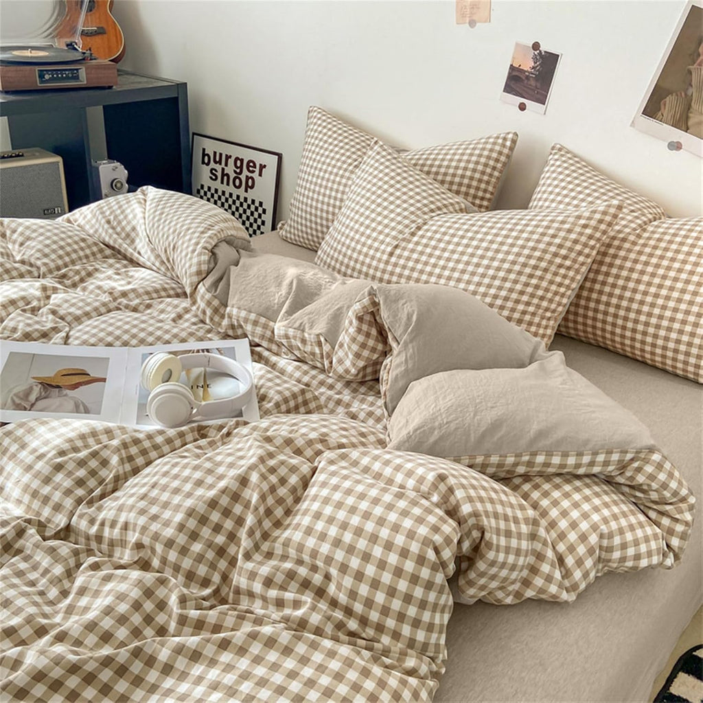 Gingham Duvet Cover Queen Brown Tan Plaid Checkered Comforter Cover Grid Farmhouse Bedding Set 3 Pcs Soft Breathable