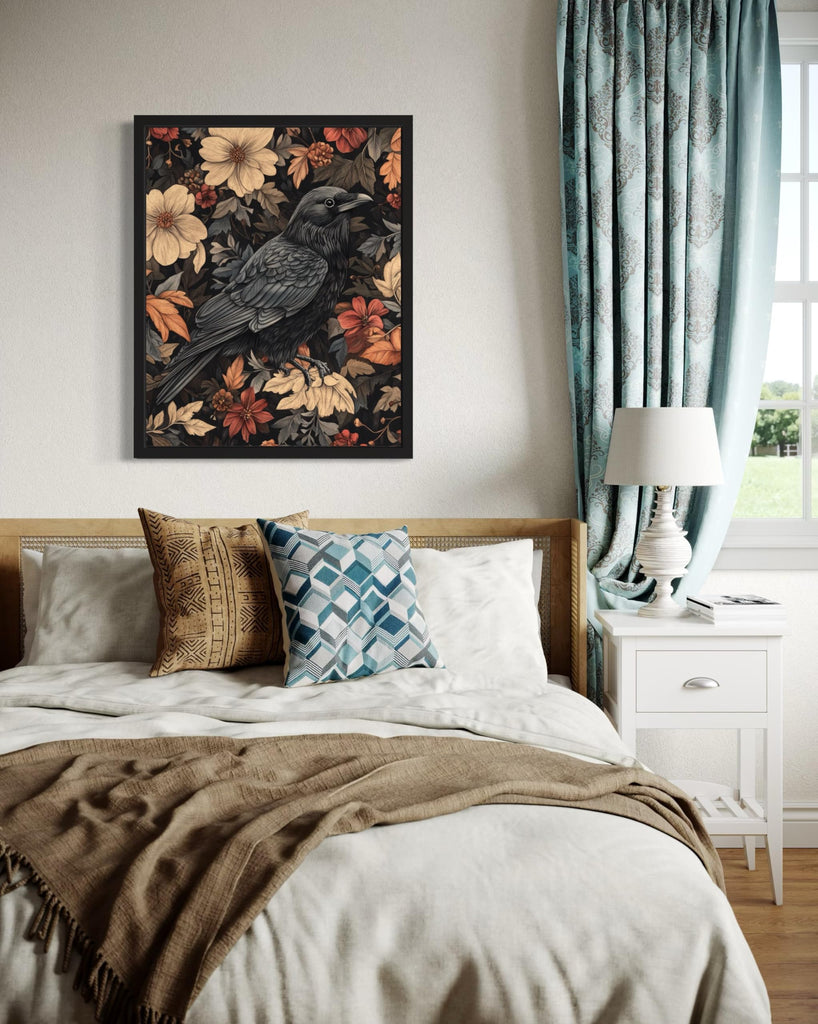 Raven Unframed Art Print Poster, William Morris Style Retro Mid Century Botanical Victorian Dark Academia Gothic