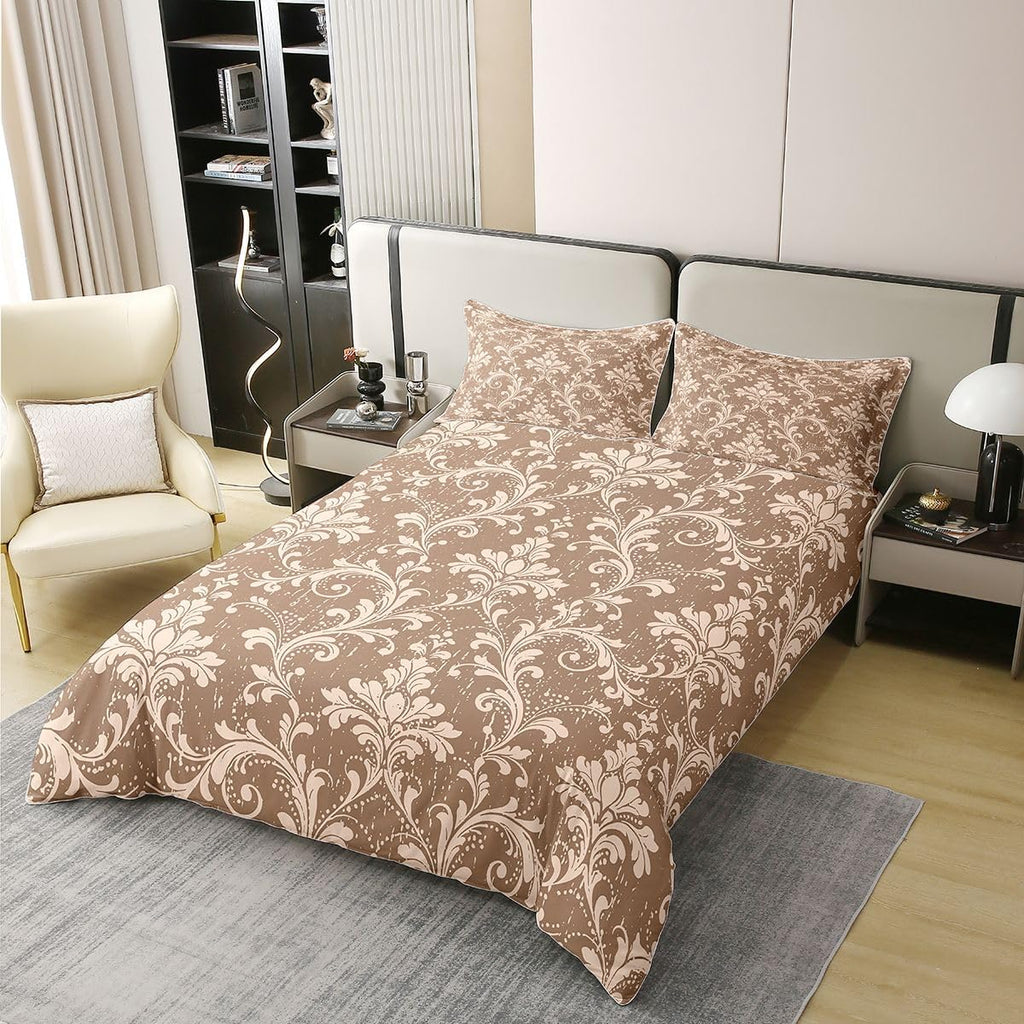 Damask 100% Cotton Comforter Cover Dark Brown Bedding Set Victorian Wood Grain Duvet Cover Antique Baroque