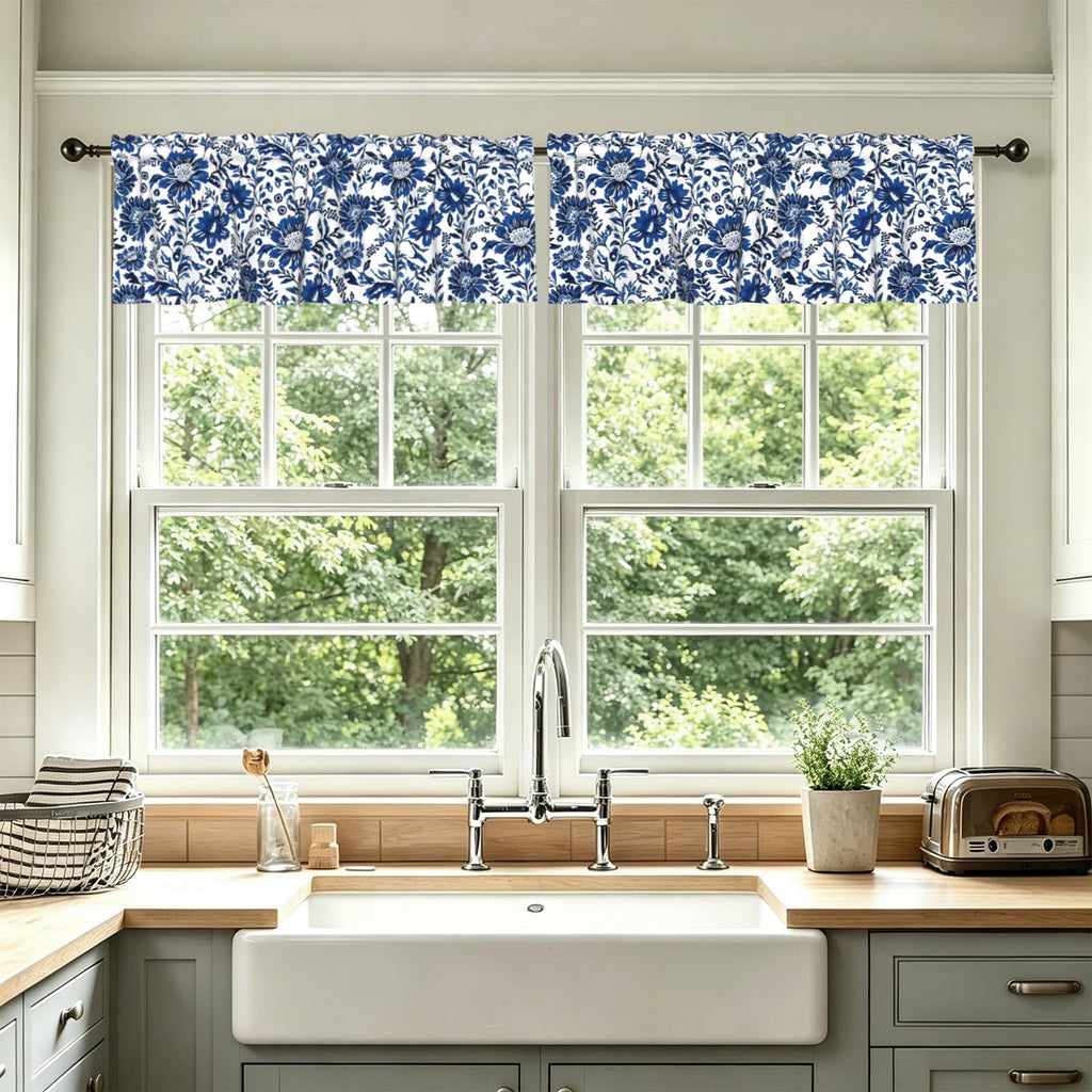 Navy Elegant Floral Kitchen Window Curtain 54"x18", Blue White Vintage Chinoiserie Flower Valance Farmhouse Window