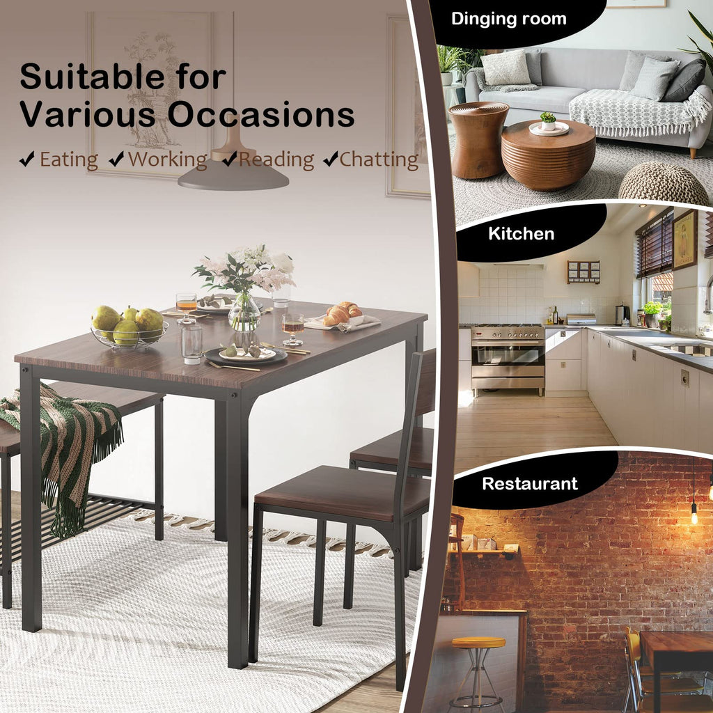 Dining Table Set for 4, with Two Chairs and One Bench/4 Piece Set, Wooden Table Top with Metal Legs for Breakfast