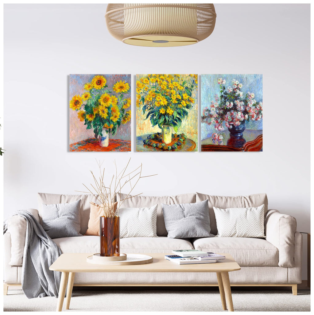 Monet (Jerusalem Artichoke Flowers, Bouquet of Sunflowers, Chrysanthemums) 3 Panel wall Art Decorations Giclee Print On