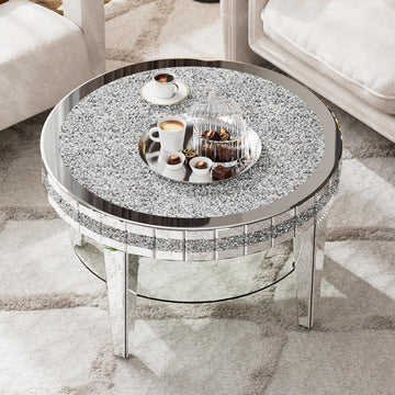 31" Round Mirrored Coffee Table with Storage & Crushed Diamonds