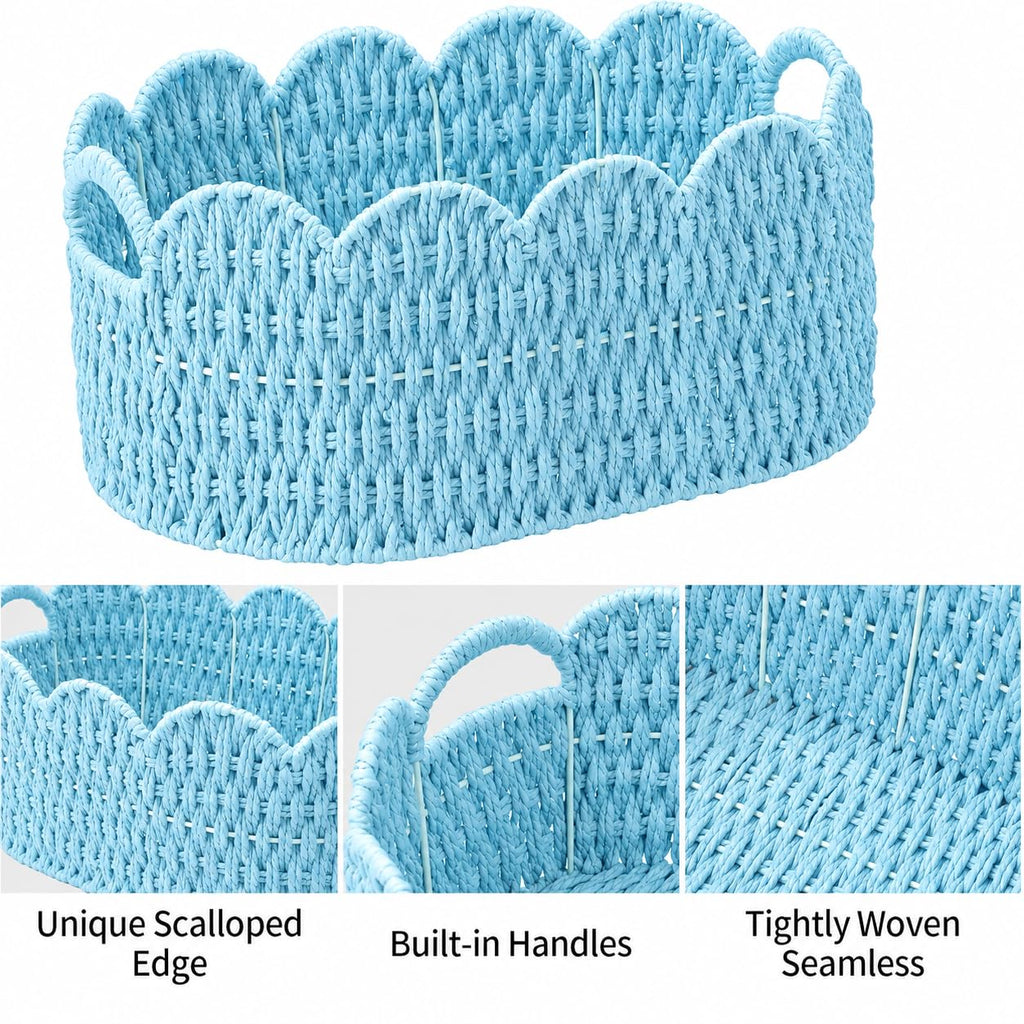 Set of 2 Paper Rope Scalloped Baskets, Small Wicker Baskets for Gifts, Blue