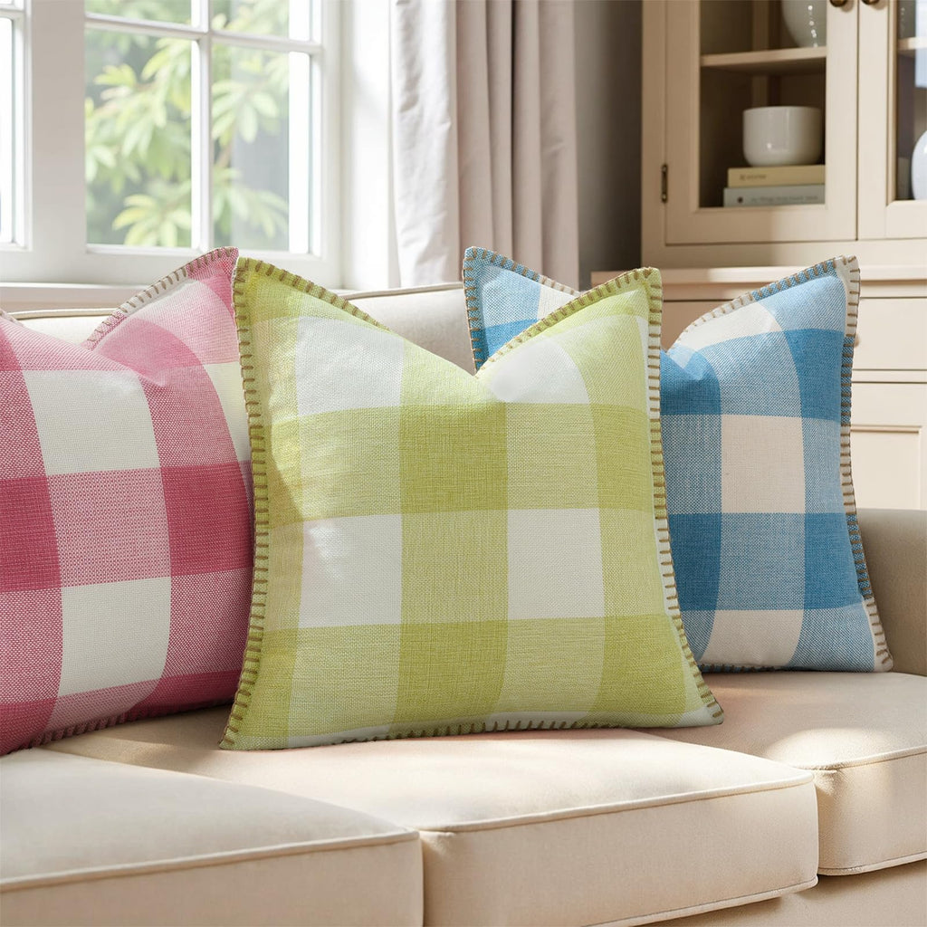 Fall Plaid Linen Throw Pillow Covers 18x18 Set of 2 Sage Green