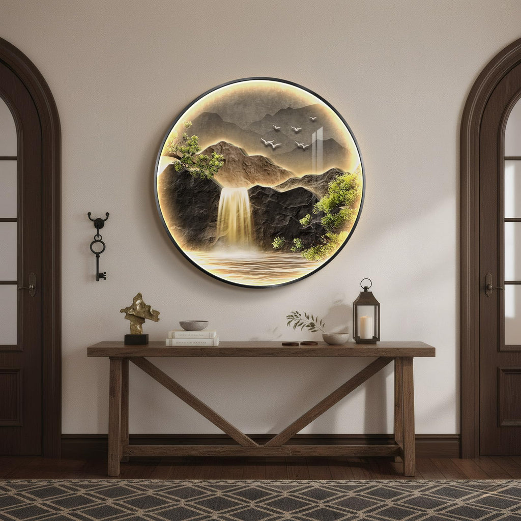 Framed LED Mountain Waterfall Wall Art, Round 30x30 Inch