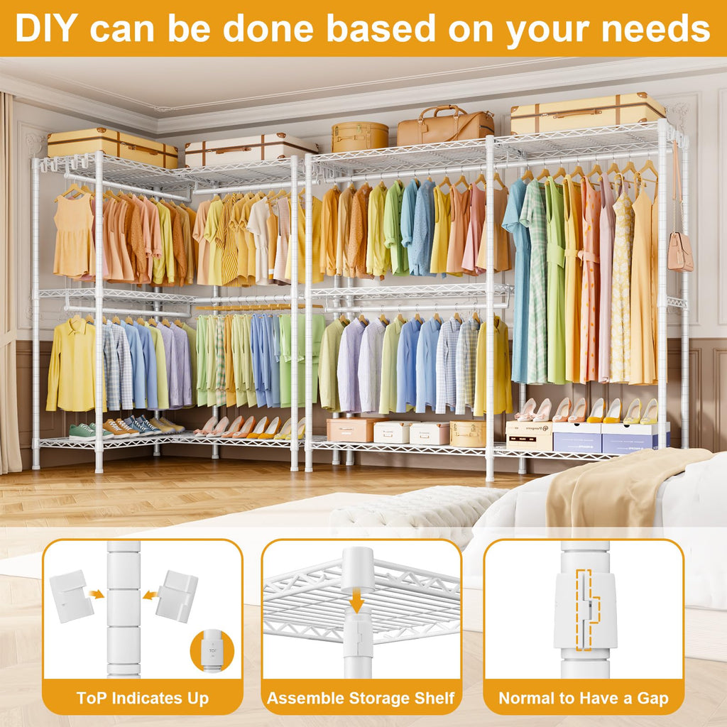E15 Garment Rack L Shaped Clothes Rack for Corner, Freestanding Clothing Racks for Hanging Clothes, Heavy Duty Closet