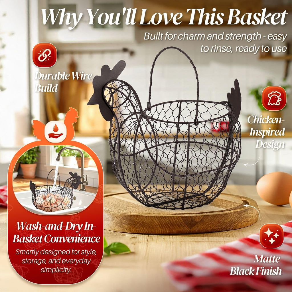 Egg Basket for Gathering Fresh Eggs, Black Wire Chicken Egg Collecting Basket Countertop, 24-Egg Metal Holder with