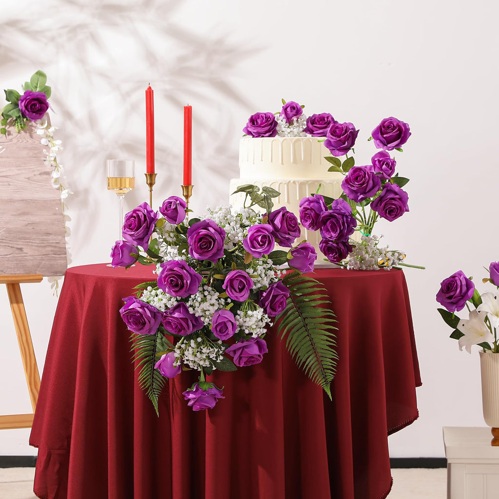 12PCS Artificial Silk Flowers Realistic Roses Bouquet Long Stem Wedding Decoration Party (Purple, 6 Flowers 6 Buds)