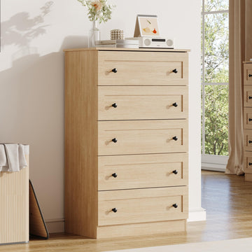 5 Drawers Dresser, 45" Tall Modern Chest of Drawers, Farmhouse Drawer Dresser Organizer with Large Storage, Natural