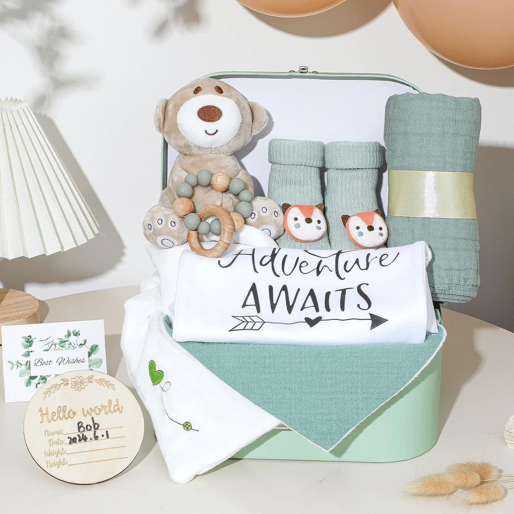 Baby Gift Set Baby Shower Gifts Basket for Newborns New Born Baby Sage Green Gift Basket with Baby Rattle Swaddle
