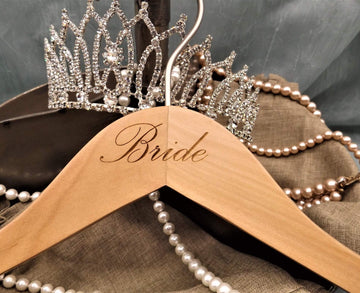 Bridal Hanger, Natural Wood Hanger Engraved with (Bride), 17" (1 Piece), Natural w/Engraved Print