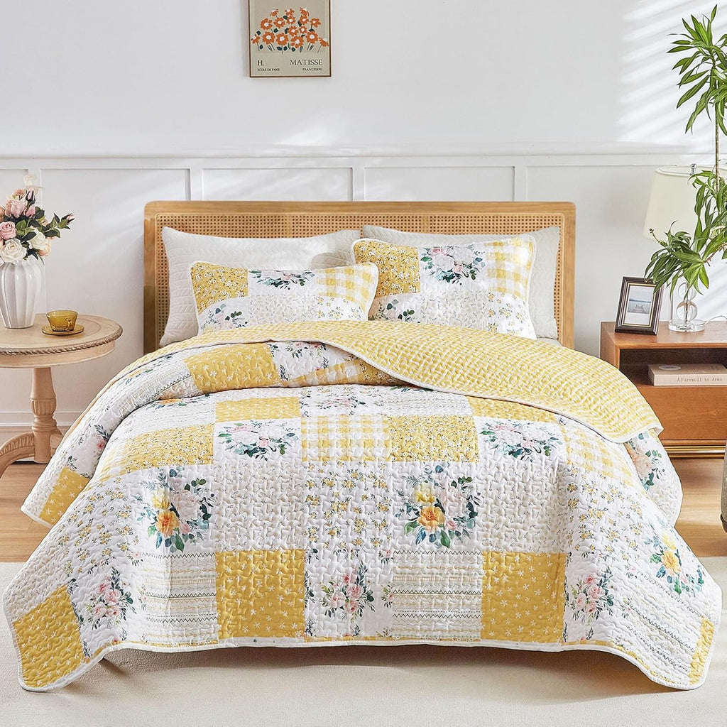 3 Pieces Floral Patchwork Quilt Set Queen, Yellow White Flowers Design, Soft Cozy Microfiber Quilt, Bedspread Bed