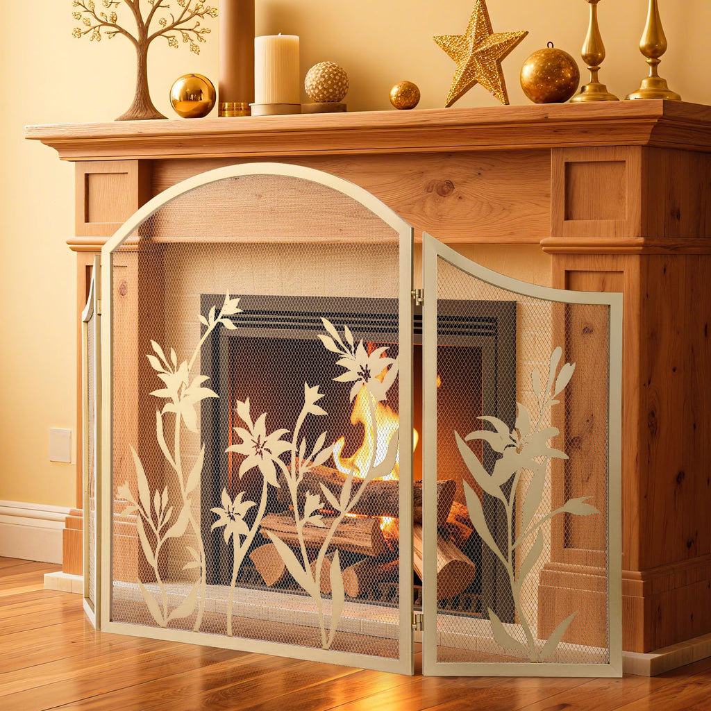 Fireplace Screen 3 Panel 48x25 Inch Folding Fireplace Screen Gold