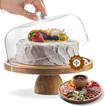 Wood Cake Stand with Lid, 2-in-1 Charcuterie Board, Round dome