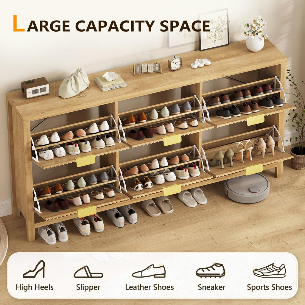 63" Shoe Cabinet Storage, Fluted Shoe Cabinet with 6 Flip Drawers, Hidden Shoe Rack Freestanding Wooden Shoe