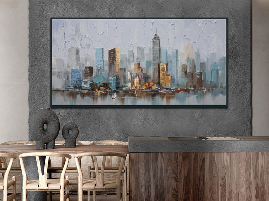 NYC City Canvas Wall, New York City Painting Abstract Modern Skyline Grey Picture Large Size Artwork Hallway Home