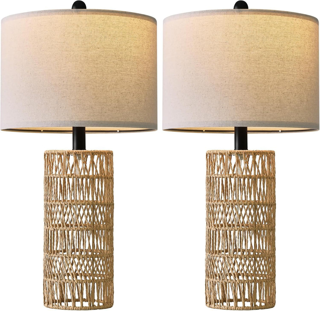 22.5" Boho Table Lamps Set of 2, Bedside Lamp for Nightstands, Rattan Lamp, Farmhouse Table Lamp for Room Decor