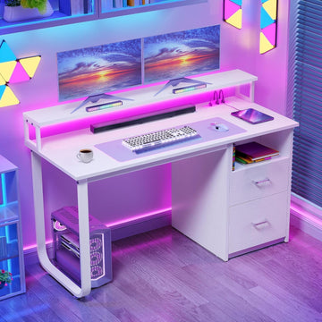 Computer Desk with Drawers, 47.2" Office Desk with Power Outlets & LED Light, Home Office Desk with Storage Shelves